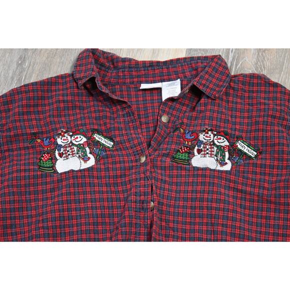 Bobbie Brooks Women Flannel 22W/24W Red Plaid Christmas Snowman Embroidered - Picture 2 of 5